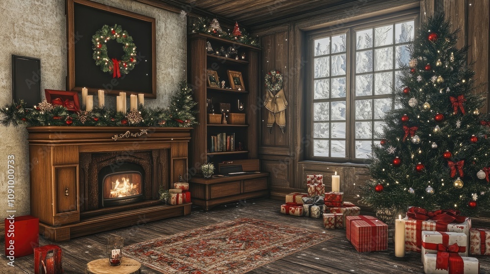 Cozy Christmas scene with a decorated fireplace, a Christmas tree, and presents. Warm lighting and rustic decor create a festive atmosphere.