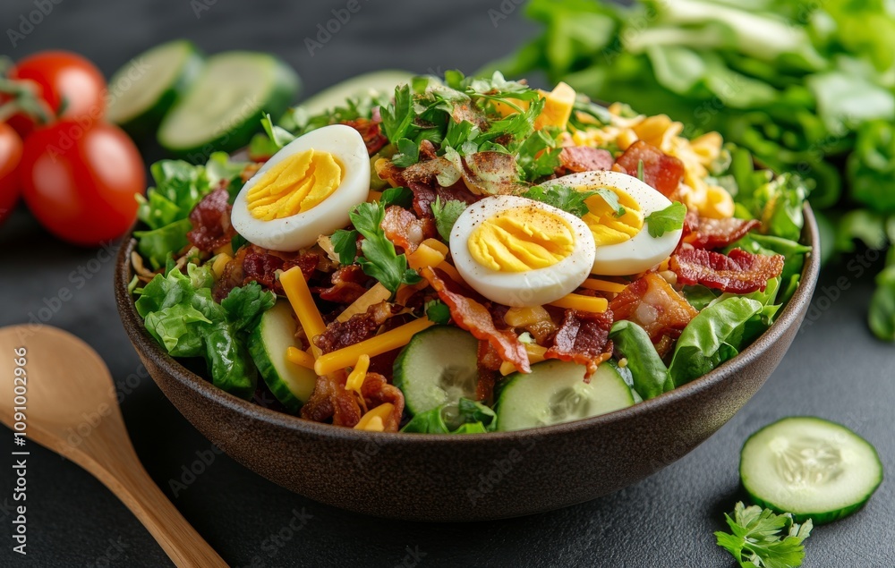 Fresh garden salad with boiled eggs and bacon on a dark table Fresh garden salad with boiled eggs and bacon on a dark table