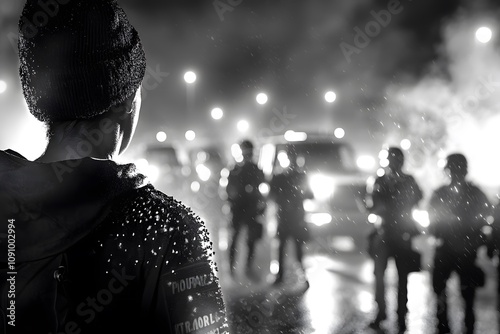 Protesters Facing Police in a Night Protest