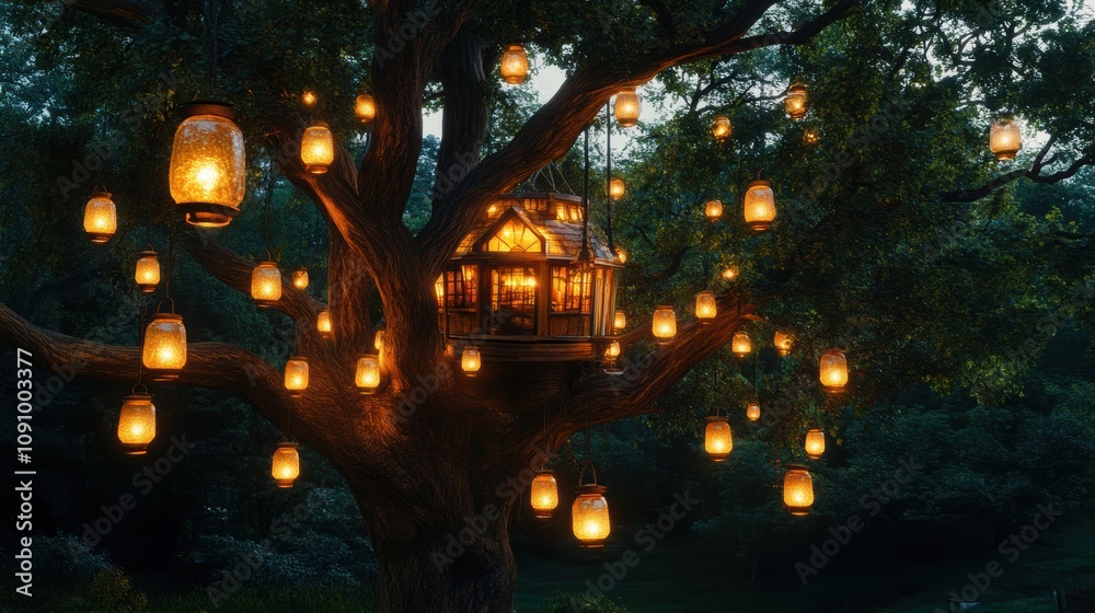 Naklejka premium Enchanted treehouse built within a massive glowing tree, surrounded by floating lanterns, twilight setting