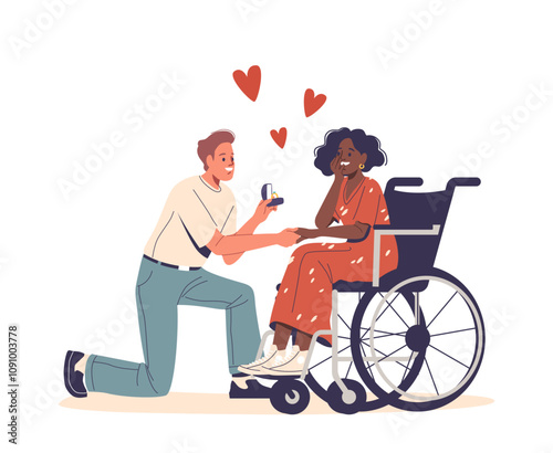 Young guy making proposal of marriage giving engagement ring to loving girl with special needs