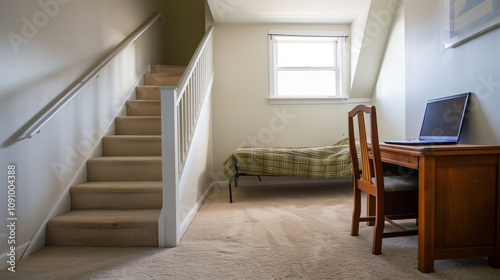 A spacious basement with white walls, carpeted floors, and bright lighting, featuring simple, elegant decor that creates a comfortable, airy, and inviting atmosphere.