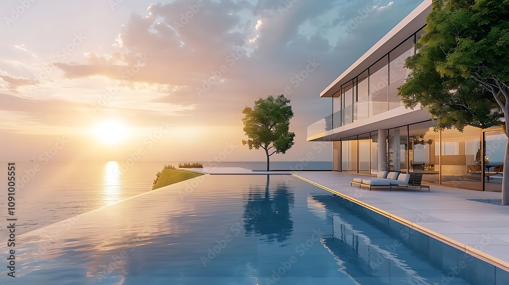 Fototapeta premium A modern house with an infinity pool overlooking a serene sunset by the ocean.