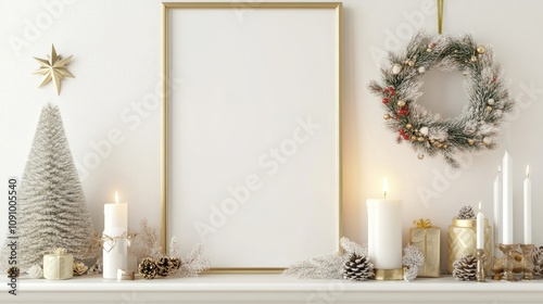 Elegant winter mantelpiece display featuring a gold frame, frosted Christmas tree, and festive wreath. Soft, neutral colors create a serene atmosphere. photo