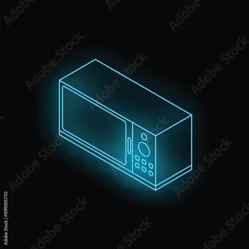 Blue neon microwave oven glowing on a black background, a modern take on a kitchen essential