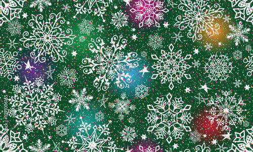 Vector seamless Christmas hand drown green pattern with doodle snowflakes and stars and colorful gradient spots and confetti
