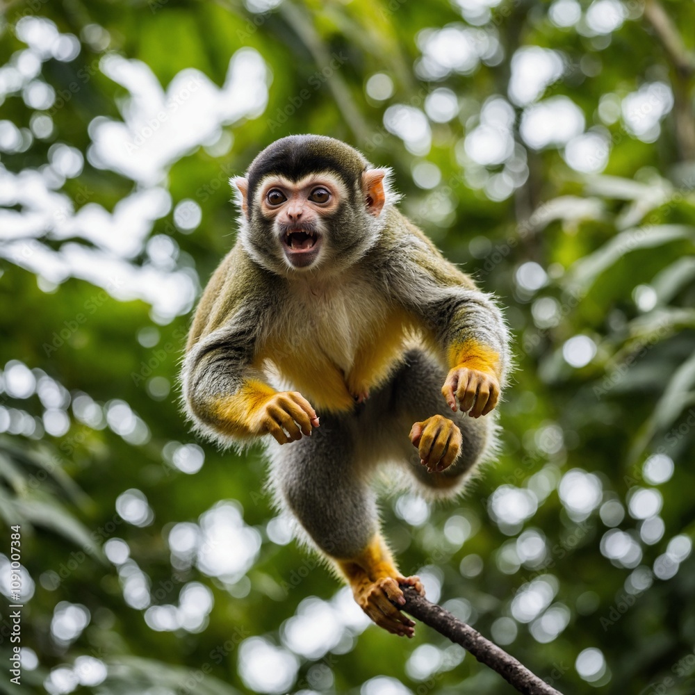 Obraz premium An Amazonian squirrel monkey jumping through trees, isolated on a white background.
