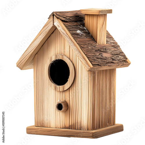 Small wooden birdhouse isolated on transparent background