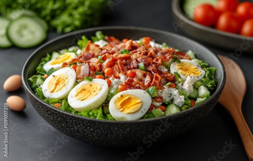 Fresh garden salad with boiled eggs and bacon on a dark table