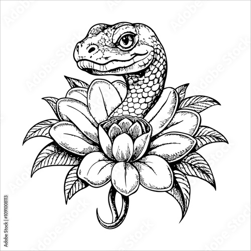 A snake is sitting on a flower