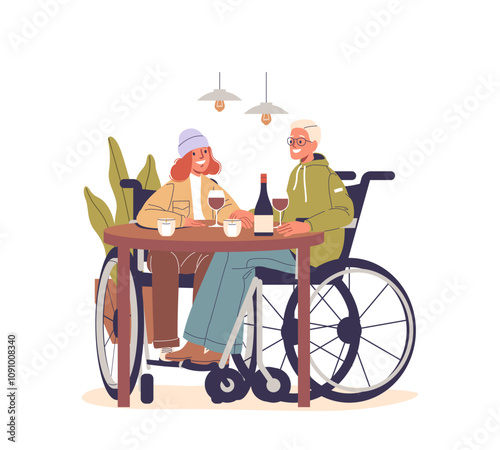 Happy loving couple cartoon character with special needs enjoying romantic dinner at restaurant