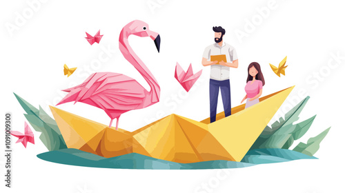 Creative People Folding Origami, Man and Woman Making Paper Crafts