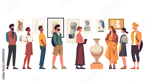 Art Gallery Visitors Admiring Collection of Paintings in Exhibition Hall