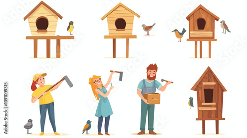 Man Building Birdhouse with Hammer and Wood