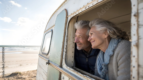 Portrait eines Senioren-Paares, das glücklich lächelnd aus einem alten Wohnwagen hinaus schaut. Im Hintergrund Sand-Strand, Meer und hellblauer Himmel.  Warme sonnige Urlaubs-Atmosphäre photo