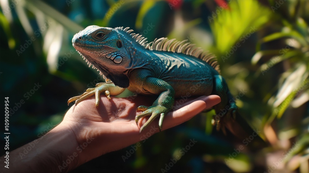 Fototapeta premium Stunning Green Iguana on a Hand, Basking in Sunlight