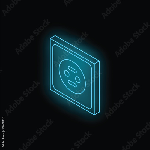 Neon blue isometric electrical outlet glowing on black background