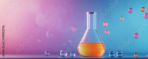 A glowing chemical reaction in a roundbottom flask, surrounded by scattered pipettes and colorful solutions, 3D Render photo