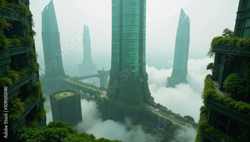 Futuristic eco-cityscape featuring green skyscrapers amidst foggy backdrop photo