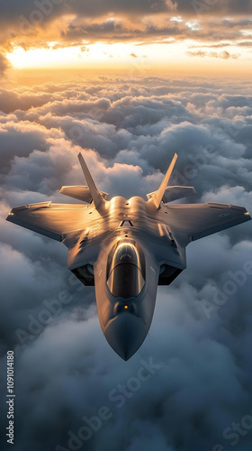 3D Illustration - F-35 Fighter Jet Soaring Above the Clouds at Sunset