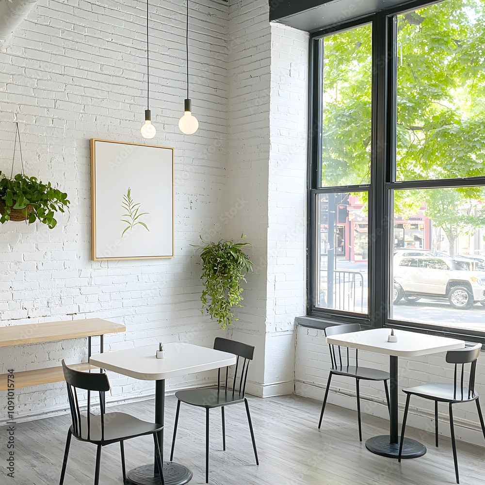 Fototapeta premium A cozy minimal cafe with white brick walls, greenery accents, and clean, geometric furniture.