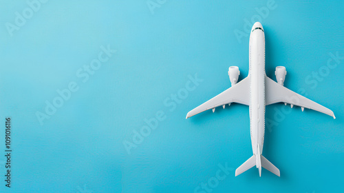 White airplane on a blue background with copy space for text, top view. Flat lay style. Minimal concept of travel and journey
