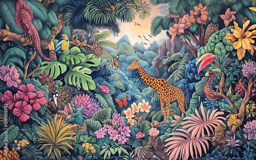 Vibrant illustration of a lush rainforest teeming with diverse flora and fauna photo