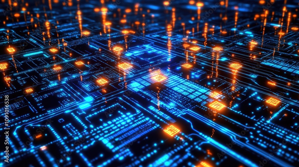 Obraz premium A glowing artificial neuron network with binary codes forming intricate pathways, simulating data transmission in a microchip.