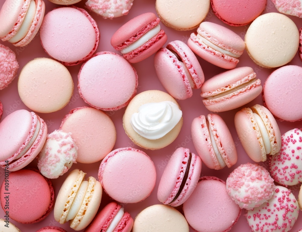 Fototapeta premium Colorful assortment of pink macarons displayed on a pastel background