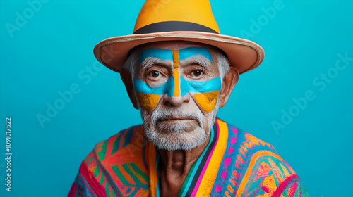 Studio portrait of a senior indigenous man wearing a vibrant poncho, a stylish hat, and traditional andean face paint against a vivid blue backdrop, celebrating cultural heritage and identity