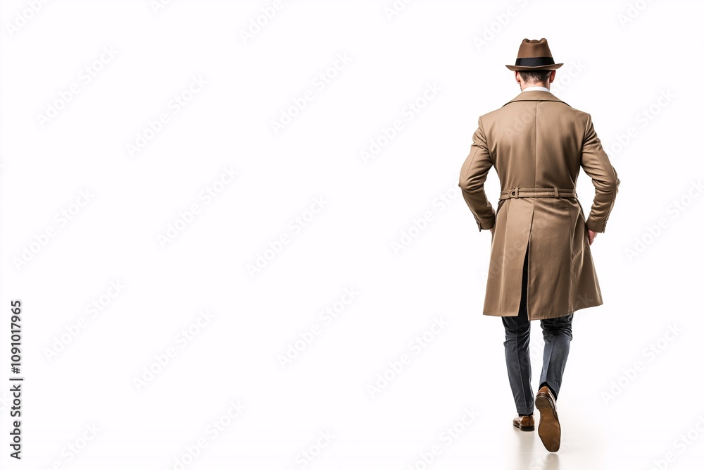 Stylish Man Walking Away in a Classic Trench Coat and Fedora Hat, Captured in a Minimalist Fashion Composition on a White Background Stylish Man Walking Away in a Classic Trench Coat and Fedora Hat, Captured in a Minimalist Fashion Composition on a White Background