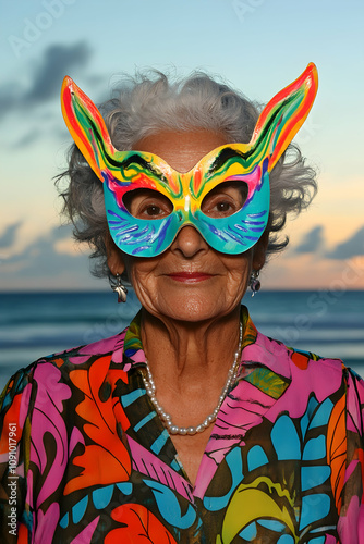 Elderly woman smiles serenely, wearing a vibrant, hand painted carnival mask with large, pointed ears, set against the backdrop of a beautiful sunset over a tranquil beach photo