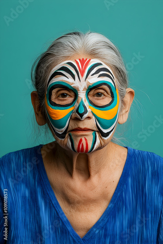 Grey haired senior woman wearing colorful czech folk mask inspired face paint, posing in front of turquoise background, looking at camera with serious expression photo