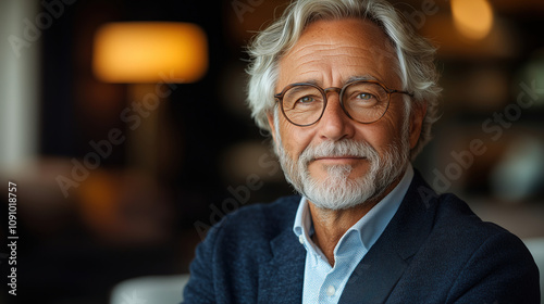 Man with gray hair and glasses smiling warmly in a cozy indoor setting during daylight hours. Generative AI