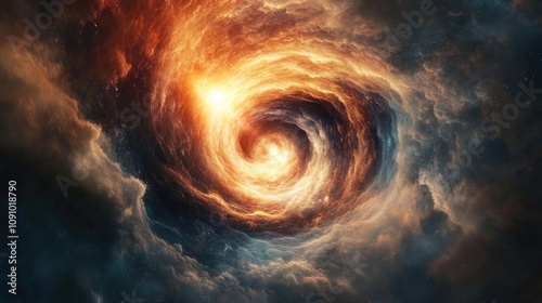 Close-up of a wormhole, depicting a mesmerizing wormhole travel concept. The wormhole takes on a funnel cloud shape, radiating bright light at the end, with ample space for text.