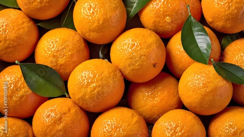 Close-up of fresh oranges with leaves on a natural background.  photo