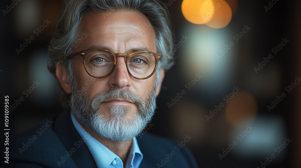 Mature man with glasses and beard posing thoughtfully in a dimly lit cafe setting during early evening hours. Generative AI