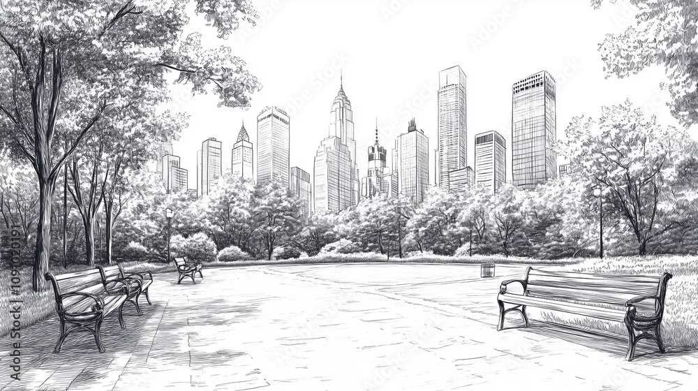 Fototapeta premium Monochrome cityscape drawing hand-drawn urban scene on a white background, portraying a serene park in the middle of a city, with trees, benches, and skyscrapers in the backdrop