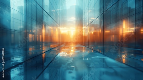 Wallpaper Mural Abstract Blurred Glass Building Interior with Blue Light and Shadows, 3D Rendering Business Concept Torontodigital.ca