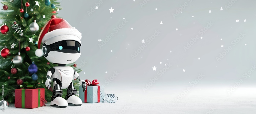 Naklejka premium Futuristic 3D Character Cartoon Cute AI Robot Santa Claus Suit Christmas Tree Gift Boxes Modern Christmas Concept White Background Copy Space