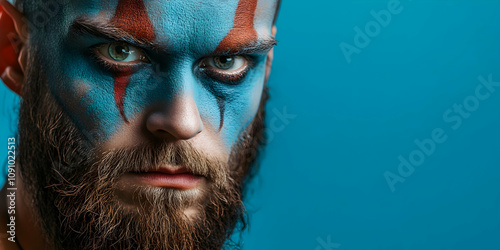 Close up portrait of a viking warrior showing his traditional blue and red face paint, expressing strength and determination against a vibrant blue backdrop