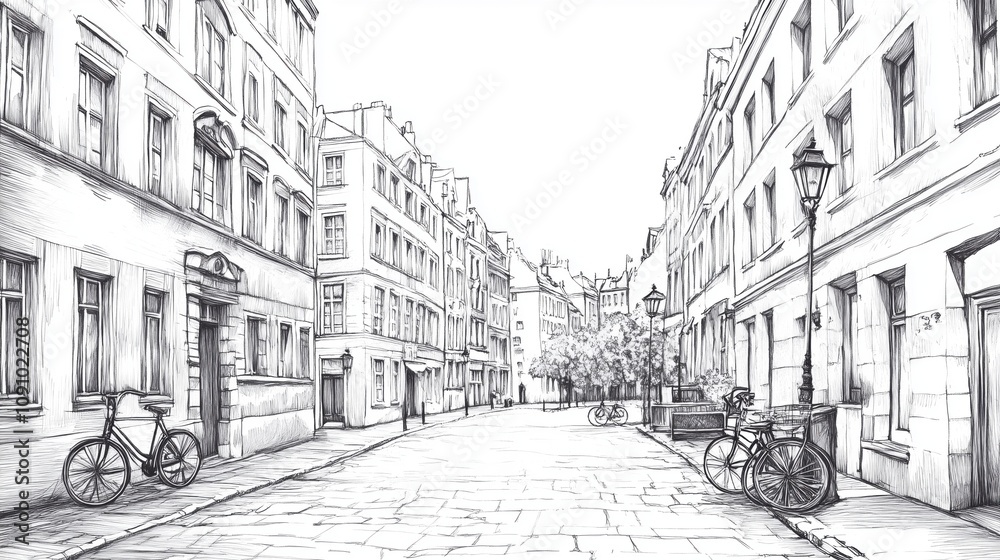 Obraz premium Monochrome cityscape drawing hand-drawn urban scene on a white background, portraying a serene park in the middle of a city, with trees, benches, and skyscrapers in the backdrop