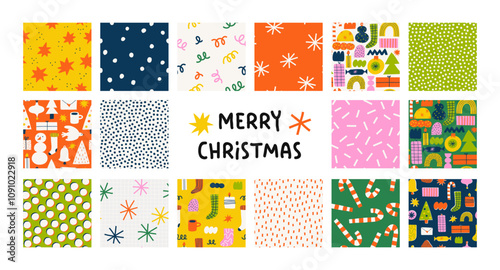 Set of seamless patterns with different winter and Christmas symbols. Cozy background. 
Hand draw vector collection of Christmas winter symbols.