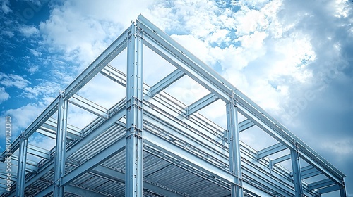 An unfinished railway bridge with intricate metal trusses under a partly cloudy sky and side empty space for text Stockphoto style photo