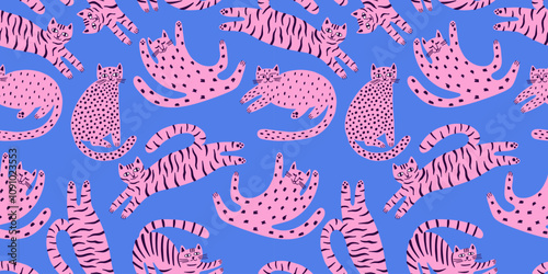 Seamless pattern with funny modern cats. Illustration for card, print on clothes. Vector cute kitten. Hand drawn background for design and card, covers, package, wrapping paper.
