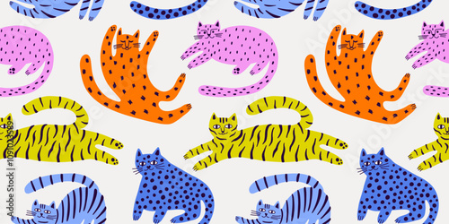 Seamless pattern with funny modern cats. Illustration for card, print on clothes. Vector cute kitten. Hand drawn background for design and card, covers, package, wrapping paper.