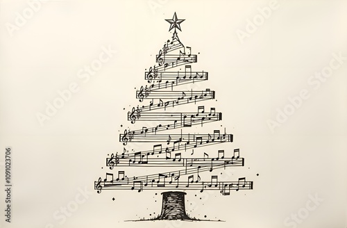 A Christmas card. A Christmas tree made of notes with a star on top on aged paper