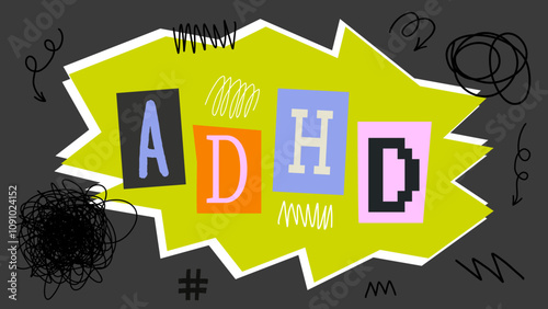 ADHD banner with female open mouth, eye and hand. Attention disorder, hyperactivity, mental disorder.Trendy vector pieces. Creative collage for social media, card