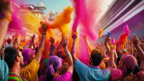 A crowd of people celebrate Holi with colorful powder at a festival.