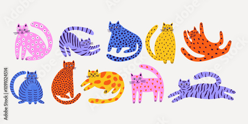 Funny modern cat. Illustration for card, print on clothes. Vector cute kitten.Hand drawn background for design and card, covers, package, wrapping paper.